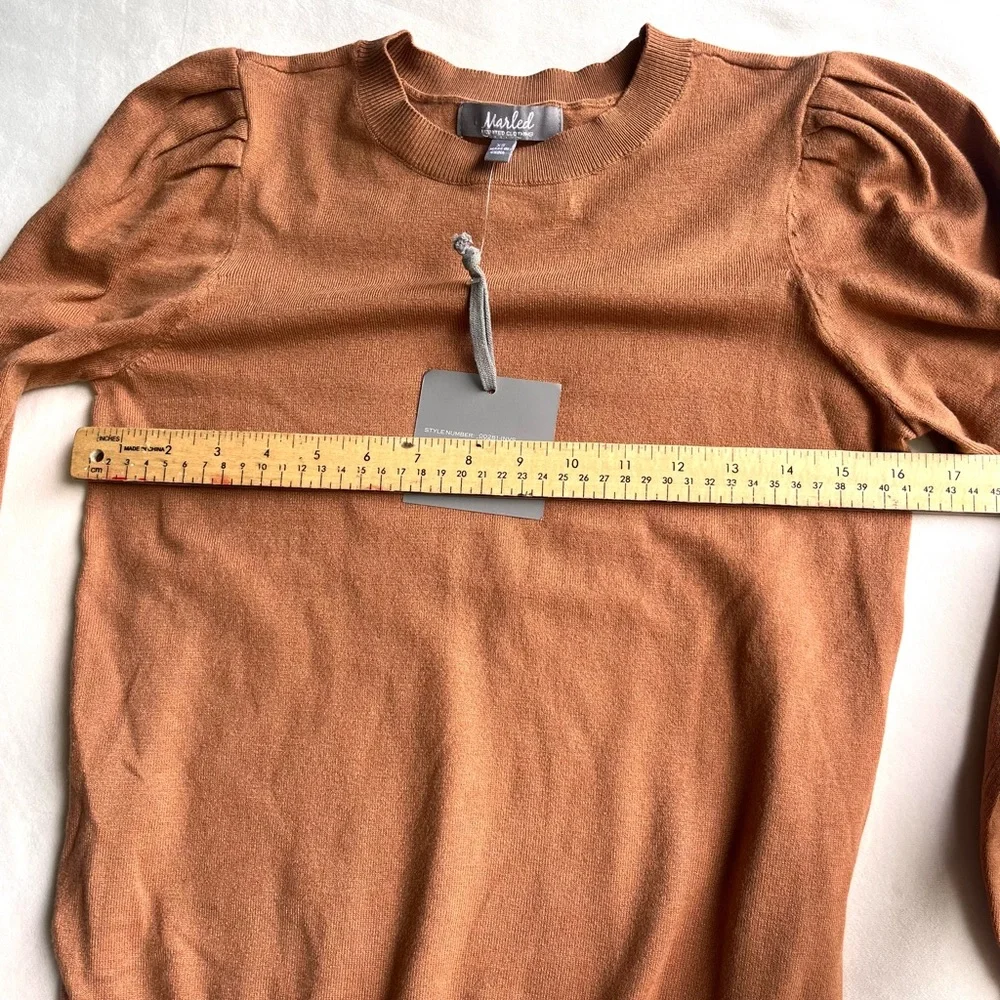 Marled Burnt Orange Crewneck Sweater with Puff Shoulders - Picture 5 of 8